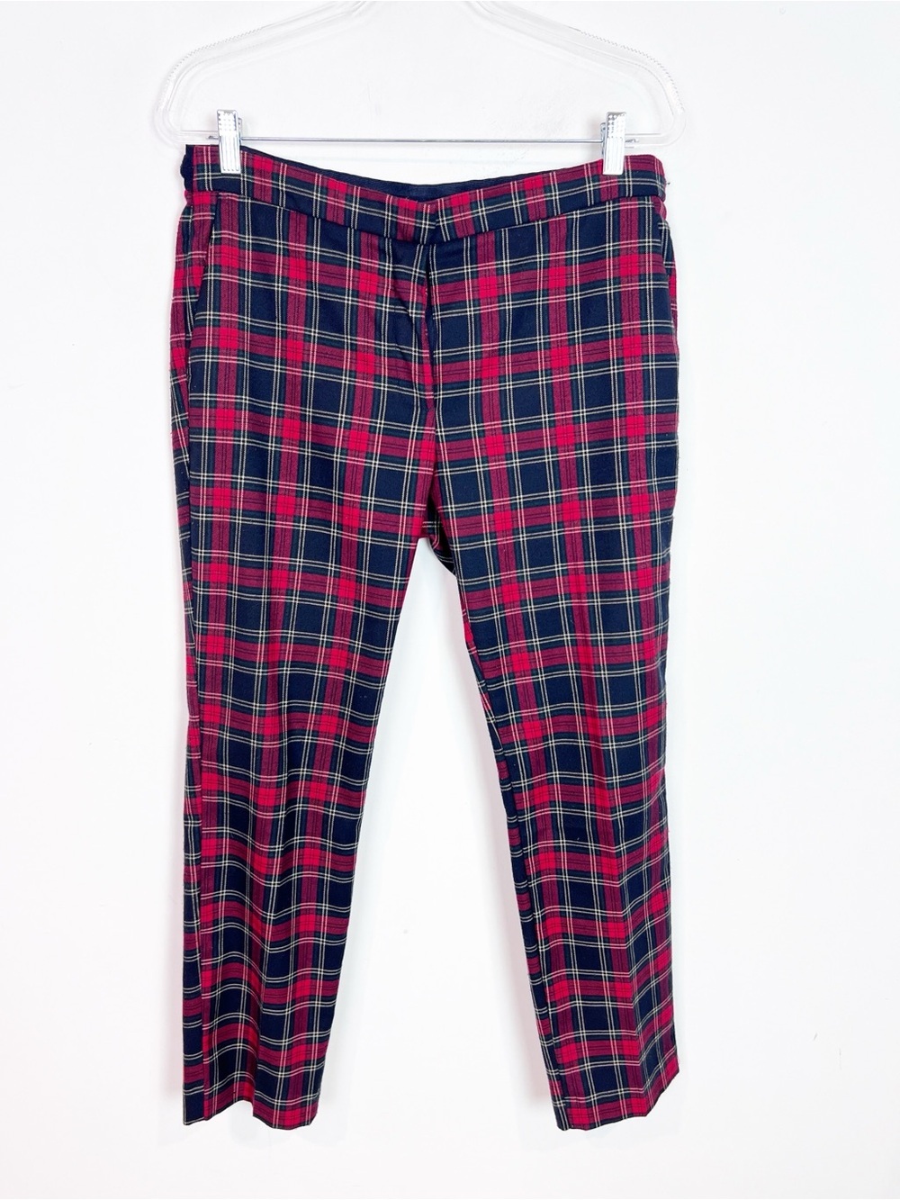 ZARA BASIC RED GREEN NAVY TARTAN PLAID SKINNY PANTS WOMENS SZ LARGE